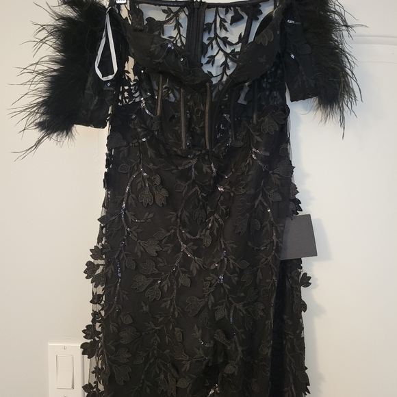 Midnight Sparkle Black Mesh Embroidered Feather Bustier Jumpsuit. - Picture 5 of 7